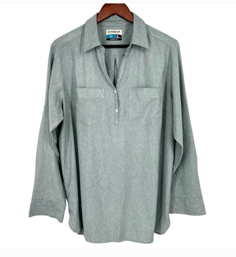 Magellan Womens Size L Catch Henley Outdoors Fish Gear Blue Shirt Long Sleeve