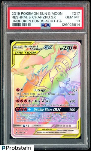 2019 Pokemon Sun Moon Unbroken Bonds FA Secret #217 Reshiram Charizard Gx PSA 10