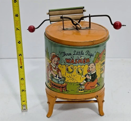 X-417 VINTAGE 1930'S J CHEIN TIN LITHO THE THREE LITTLE PIGS WRINGER WASHER
