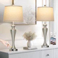30" Table Lamps Set of 2, 3-Way Dimmable Touch Bedside Lamp with USB A+C Silver