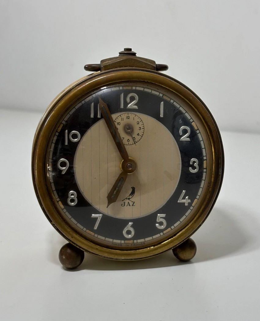 JAZ Brass and Steel Mechanical Alarm Clock Made in France, Clock