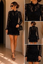 Boohoo Black Lace Mini Dress Size 8 BNWT Long Sleeve Party Dress