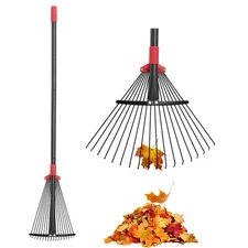 Garden Rake for Leaves: 55 Inch Adjustable Long Handle 18 Metal Tines