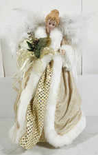 VTG Angel Tree Topper Holiday Decor 14&rdquo; Gold Dress Porcelain Face Hands