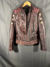 Black Rivet Wms Racer Punk Star Motorcycle Distressed Leather Jacket Burgundy M