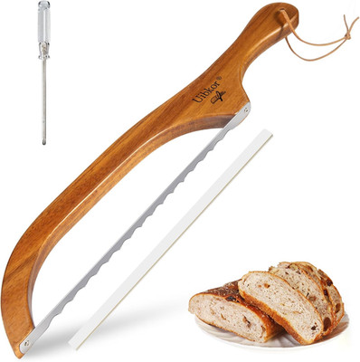 Wooden Bread Bow Knife, 16'' Serrated Sourdough Cutter, Premium Stainless Steel S