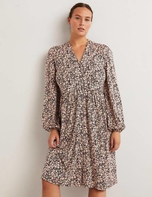 NWT Boden Button Through Jersey Dress Womens 10R Black Beige Cotton Modal Floral