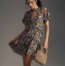 By Anthropologie Robin Tiered Ruffle Floral Mini Dress P L Flutter Sleeve Boho