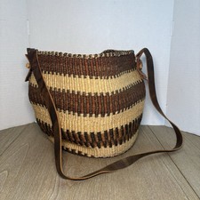 Vintage Sisal Market Tote Jute Bucket Art Woven Raffia Basket Leather Strap