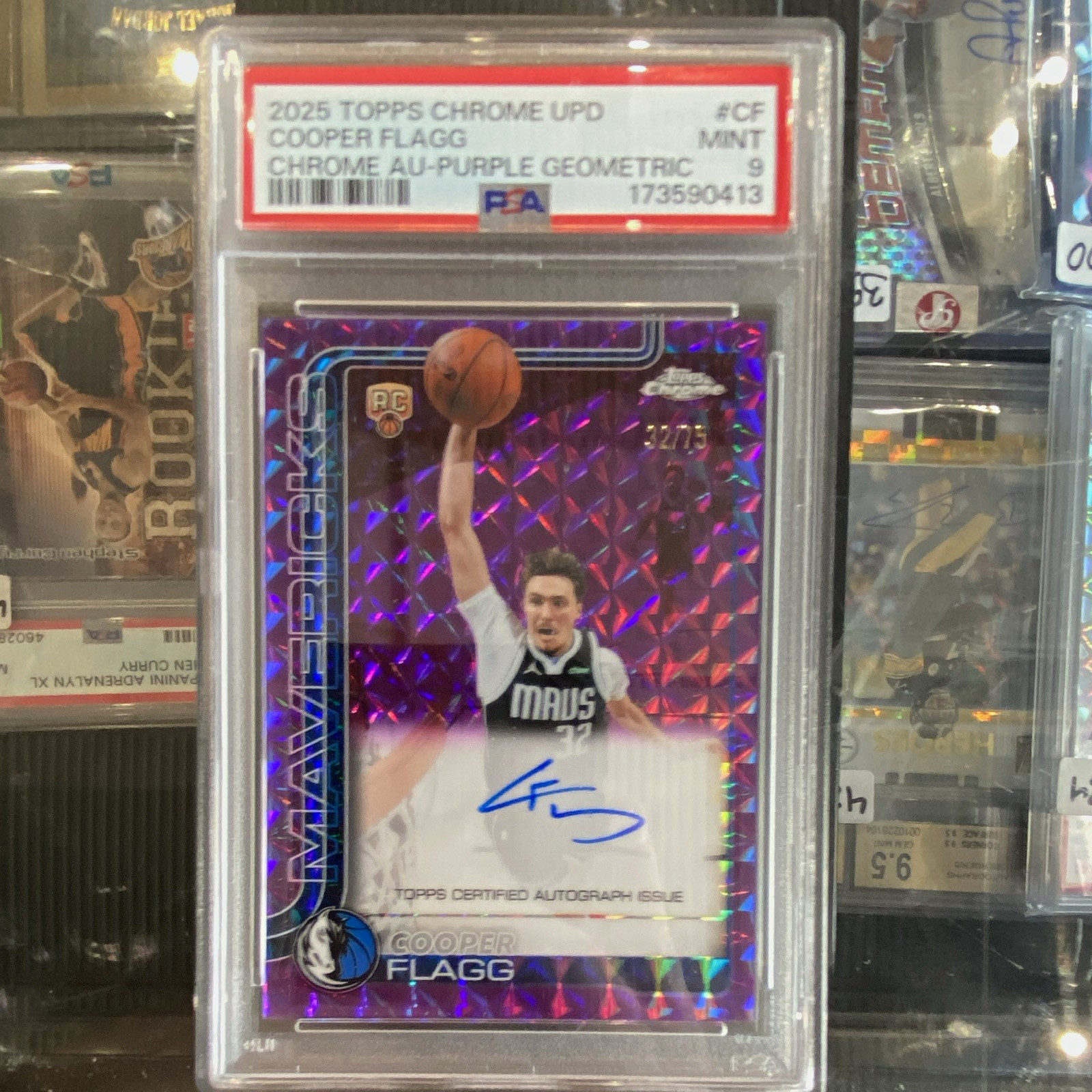 Topps 2025-26 Chrome Update Cooper Flagg RC Purple Geo Auto /75 PSA 9 jersey #32