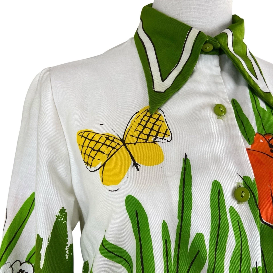 Vintage 60s Vera Neumann 100% Cotton Green Tulip Butterfly Blouse Women's Size M - Image 4 of 4