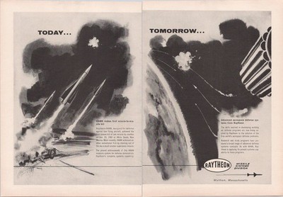 Vintage 1960 Raytheon HAWK Missile Systems 2pg Print Ad Aerospace Defense Art