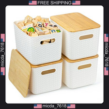 Four Pack Plastic Storage Bins with Bamboo Lids for Organization