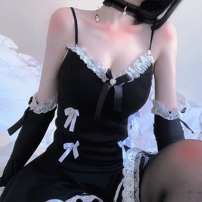 Lady Sexy Lace Night Dress Mini Ruffle Gothic Gloves Lolita Thong Black Cosplay