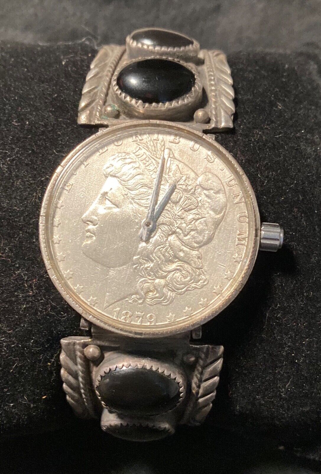 Signed Navajo Watchband with Genuine Silver Dollar Swank 17Jewel Watch
