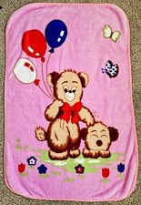 Vtg Pink Teddy Bear Balloons  Puppy Dog Butterfly Mink Plush Blanket Thick EUC