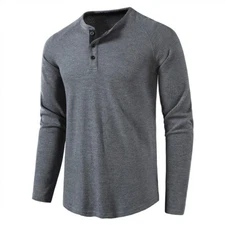 Men's Long Sleeve Henley Jumper Thermal T-Shirt Cotton Rich Waffle Knit Top