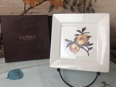 La Perla Home Porcelain White Desert Plate Pomegranates Leafs Natural In Box