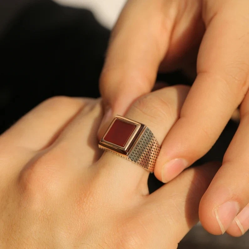 Anillo Plata Ágata Rojo Esterlina 925 Aqeeq Natural Hombre Sello Hecho a Mano Anillo Foto 2 de 4