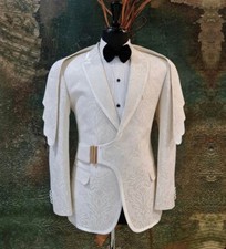 Single Breasted Men White Jacquard Suit Tuxedo Belt Peak Lapel Custom Wedding