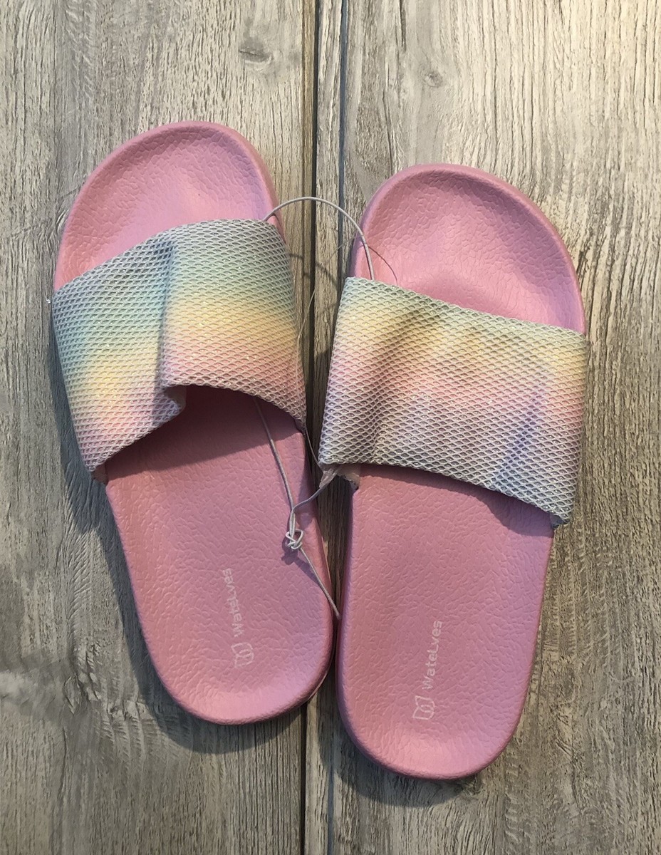 Girls Kids Sz 4-4.5 (EU 34-35) Pink Slides Sandals Rainbow Design