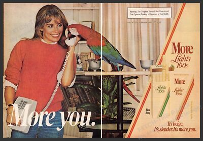 More Lights 100s 1980s Print Advertisement (2 pages) 1982 Macaw Parrot Telephone