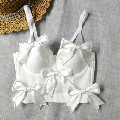 Lady Bow Beaded Rhinestone Bustier Crop Top Push Up Corset Bra Tank Vest Strappy