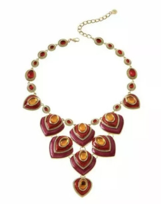 IMAN Global Chic Goldtone Oval Stone Enamel Necklace ~ RED MULTI ~ 17-1/2''