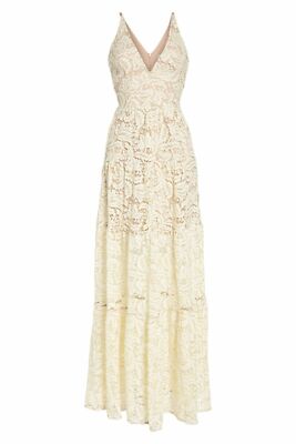 slim fit dress slacks Marlene flared lace maxi dress in White main image 0