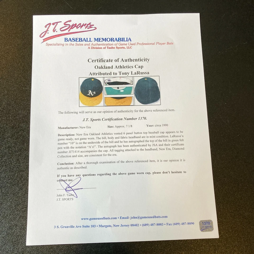 Tony La Russa Firmado 1990 Oakland A's Juego Usado Sombrero JSA y J.T. Certificado de autenticidad deportivo Foto 4 de 4