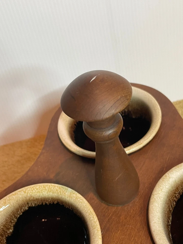 MCM 70s USA Pottery Brown Drip Glaze Stoneware Condiment Caddy Wood Lazy Susan - Image 2 of 4