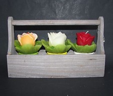 NEW BLOOMIN' SET OF 3 CERAMIC POTTED ROSE FLOWER CANDLE+WOODEN BASKET-76287