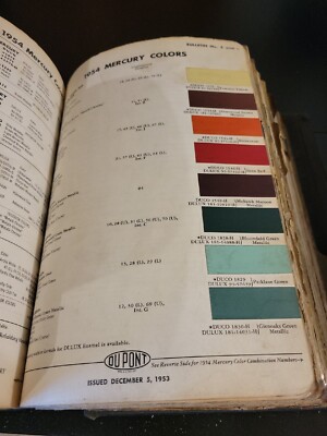 1954 DUPONT DUCO DULUX MERCURY COLORS PAINT CHIP SWATCH SHEET BULLETIN NO 8 