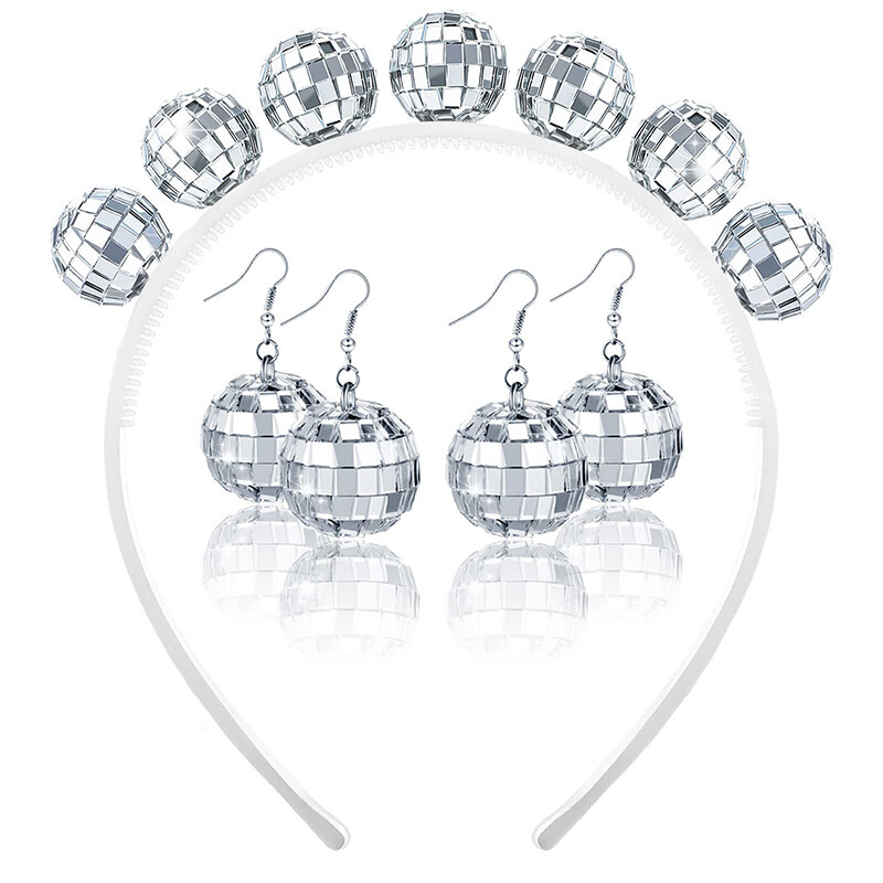 Disco Ball Drop Dangle Earrings - Silver Mirror Acrylic Hook Earrings For Women, 70s Party & Halloween - View #3