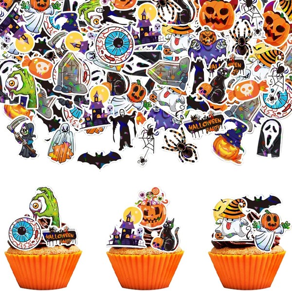 Halloween Tortendeko 60 StüCk Essbar Cupcake Toppers KüRbis Fledermaus Deko-image