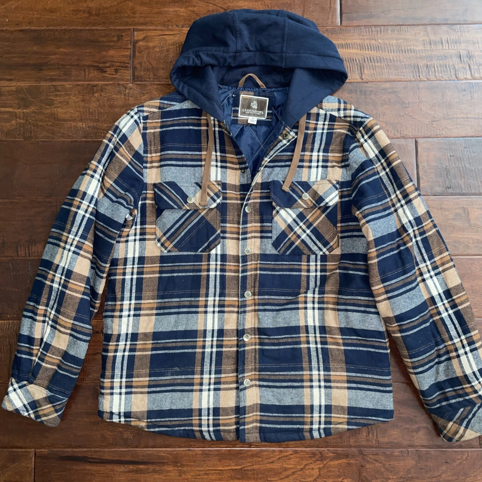 VETEMENTS Giacca camicia foderata con cappuccio e quadri blu marrone Outfitters Legendary taglia media