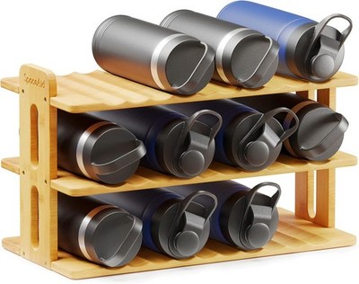 Bamboo Water Bottle Organizer W/ Labels Kitchen Pantry Water Bottle Storage Rack