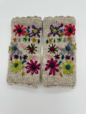 Hand Knitted  Embroiderd Wool Fingerless Gloves with Fleece Lining