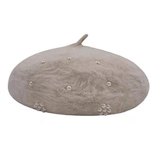 Women Girls Soft Rabbit Fur French Style Beret Pearls Flowers One Size Beige
