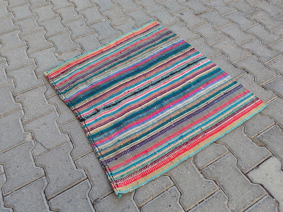 Vintage Turkish Rag Rug 2.9x2.7 ft | Colorful Striped Kilim Mat - Image 3 of 4