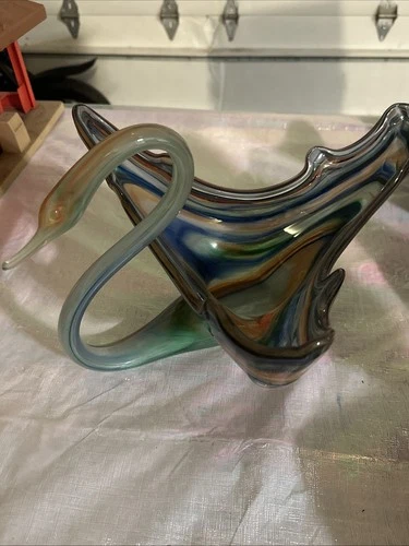 Hand blown Art Glass 15 Inch Multicolor Swan Murano Style Unsigned