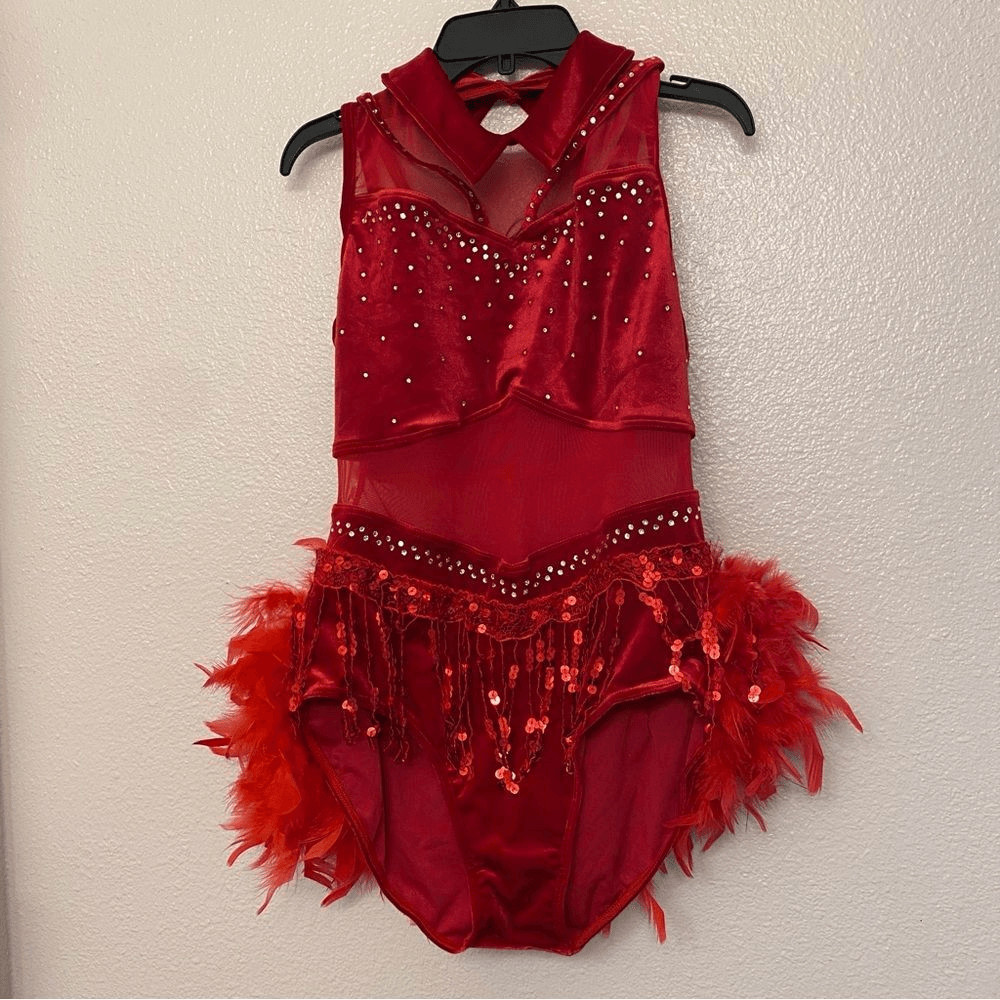 WEISSMAN solo Dance Costume red Crystal feather Leotard stoned velvet 15752 MA View 2