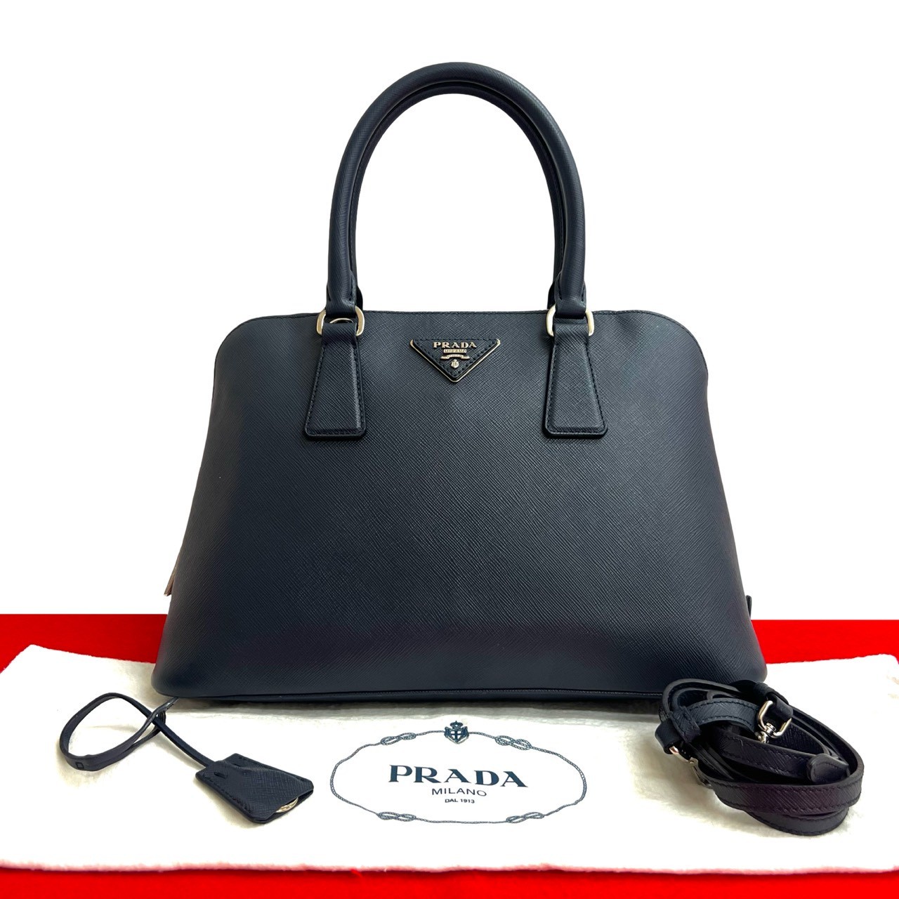 PRADA Triangular logo Shoulder Bag leather Navy 2… - image 1