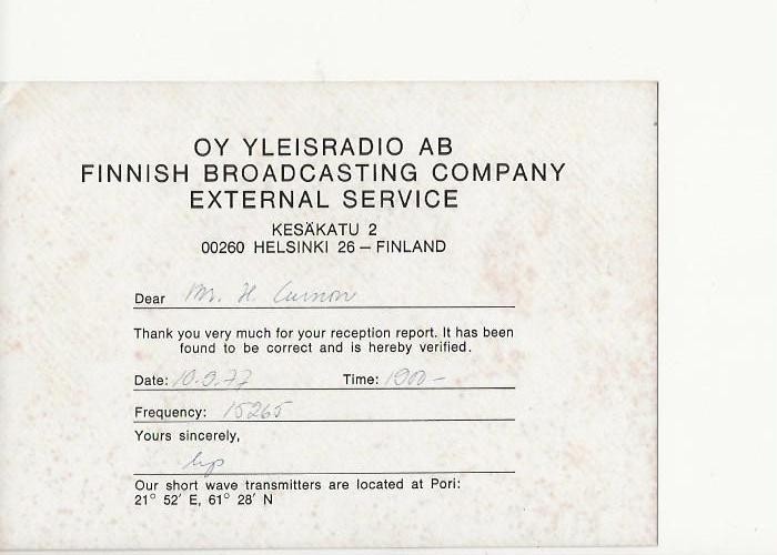 1977  Broadcast radio station   YLE  Helsinki Finland   QSL radio postcard