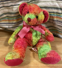 Vtg RUSS BERRIE Confetti Plush Teddy Bear Rainbow 10" Pink Ribbon