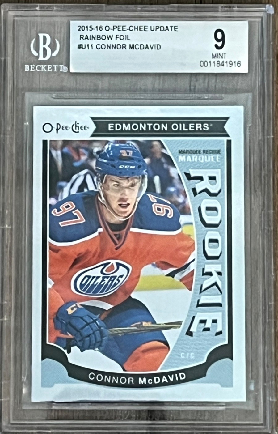 2015-16 O PEE CHEE UPDATE CONNOR MCDAVID RAINBOW FOIL #U11 BGS 9 ROOKIE OILERS!!