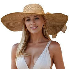 Floppy Big Beach Straw Hats for Women Foldable Summer Wide 7 1/8-7 1/4 Khaki-2