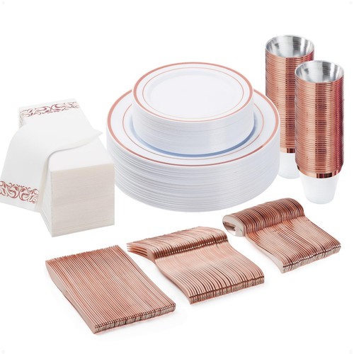 BESTVIP 175PCS Rose Gold Disposable Dinnerware Set for 25 Guests, Plastic Pla...
