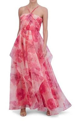 Eliza J EJ4M2977 Floral ALine Ruffle Chiffon Gown SZ 14 ($228) Poppy