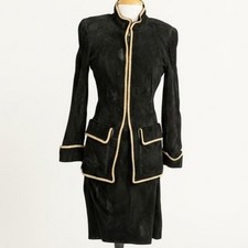 Vintage 1980s Begedor Italia Black Suede Leather Skirt Suit Gold Trim Made Italy